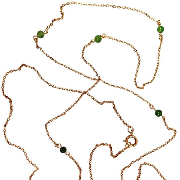 VTG Minimalist Gold Tone Chain Necklace Delicate Natural Green Gemstone Beads - Picture 1 of 8
